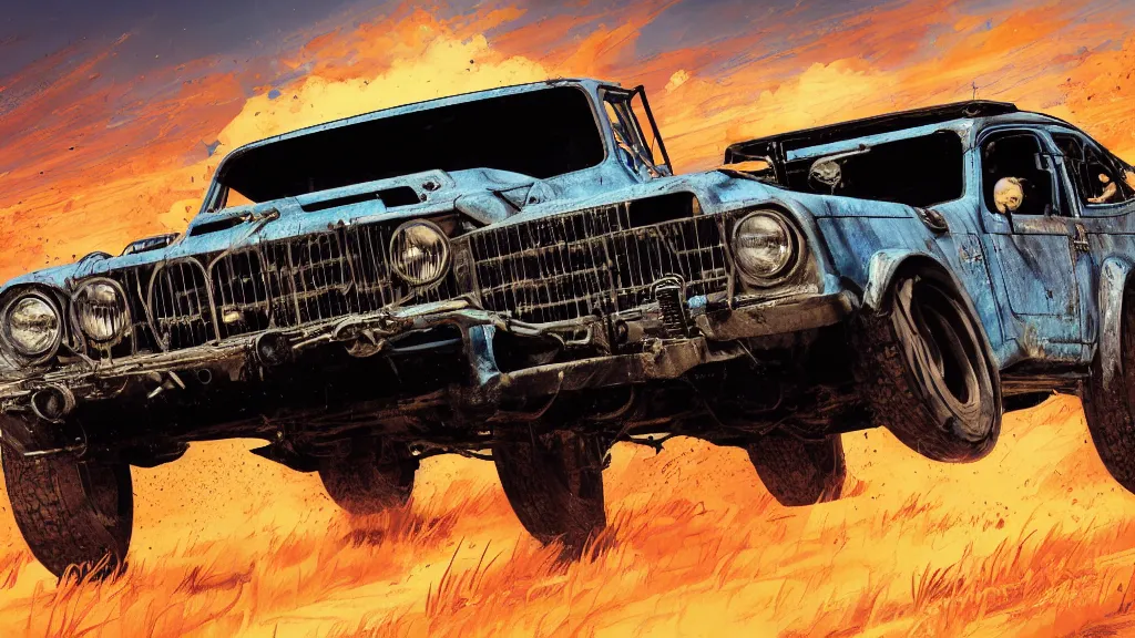 Image similar to illustration of mad max's fj 4 0 pursuit special, the last v 8 interceptor driving down to the gates of valhalla highway, fury road, eternal shiny and chrome, world of fire and blood, by makoto shinkai, ilya kuvshinov, lois van baarle, rossdraws, basquiat, studio ghibli, global illumination ray tracing hdr