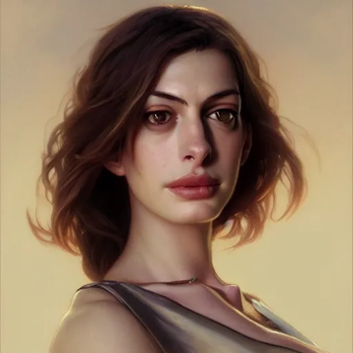 Image similar to a portrait painting of anne hathaway / rachel lane hybrid in the oil painting unreal 5 daz. rpg portrait, extremely detailed artgerm greg rutkowski alphonse mucha vladimir volegov