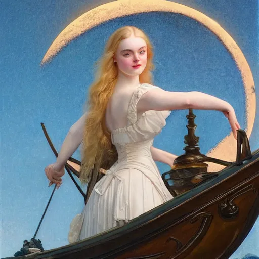 Image similar to Elle Fanning in front of the moon, on a boat, artstation, by J. C. Leyendecker and Peter Paul Rubens,