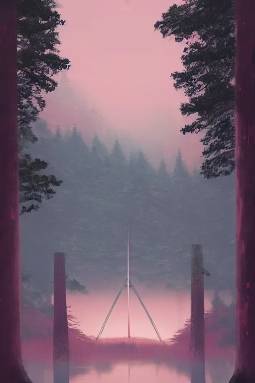 Image similar to Japanese Torii in the center of the picture , torii in a moutain with trees ,night , by Grzegorz Rutkowski, concept art, pink scheme