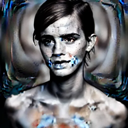 Prompt: A wet-collodion portrait of a Emma Watson who comes back from a horrific war, she stares into the distance as his eyes show glimmers of hope, depth of field, 50mm lens, studio lighting, high contrast