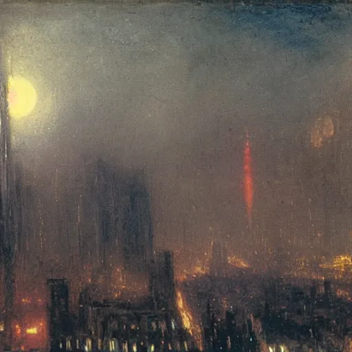 Image similar to cyberpunk city at night with silhouette figure in foreground. Turner painting 1910
