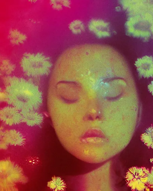 Image similar to oversaturated, burned, light leak, expired film, photo of a woman's serene face submerged in a flowery milkbath, rippling effect, light splotches, vintage glow