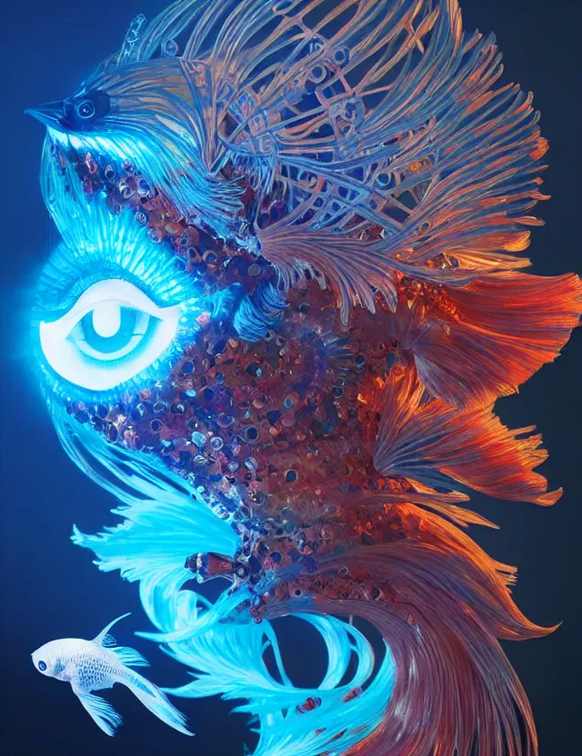 Prompt: 3 d eye of god. beautiful intricately detailed japanese crow kitsune mask and clasical japanese kimono. betta fish, jellyfish phoenix, bio luminescent, plasma, ice, water, wind, creature, artwork by tooth wu and wlop and beeple and greg rutkowski