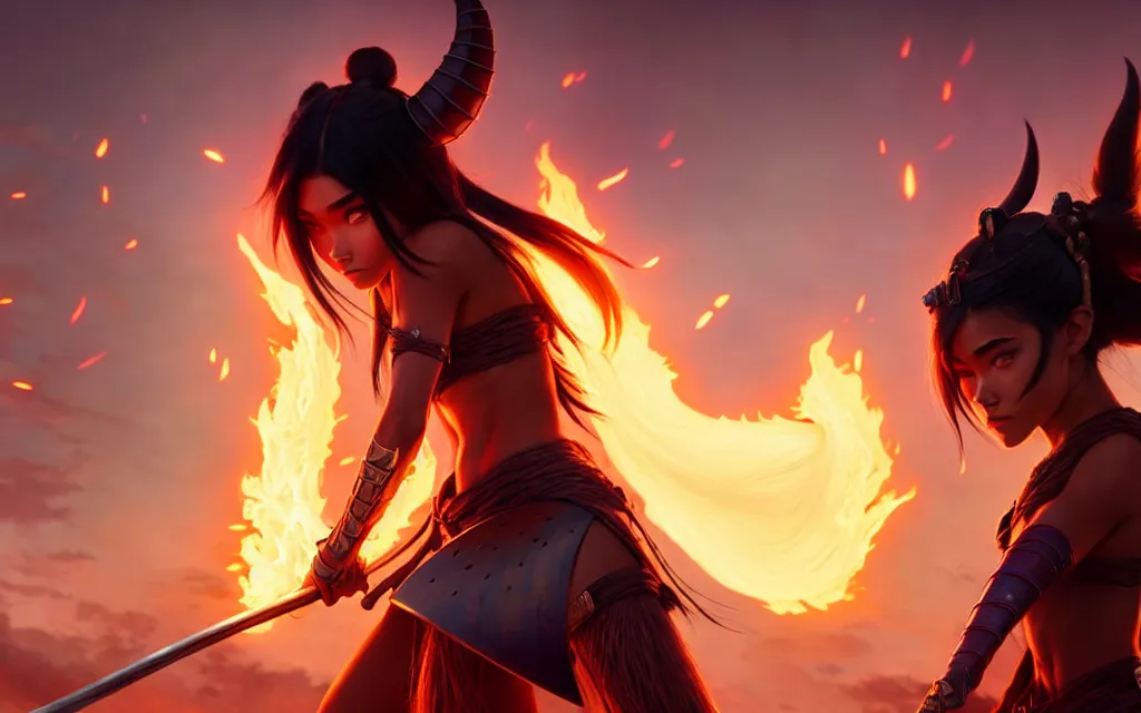 Image similar to weta disney pixar epic movie shot of madison beer : : as samurai warrior catgirl by pixar : : flames : : by weta, greg rutkowski, wlop, ilya kuvshinov, rossdraws, artgerm, marvel, unreal engine, pearlescent, bright morning, anime