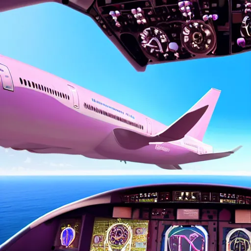 Prompt: A pink dolphin with wings like a butterfly is in the cockpit of a Boeing 777 at the helm, inside view, hyper realistic, 4k, 8k, cinematik