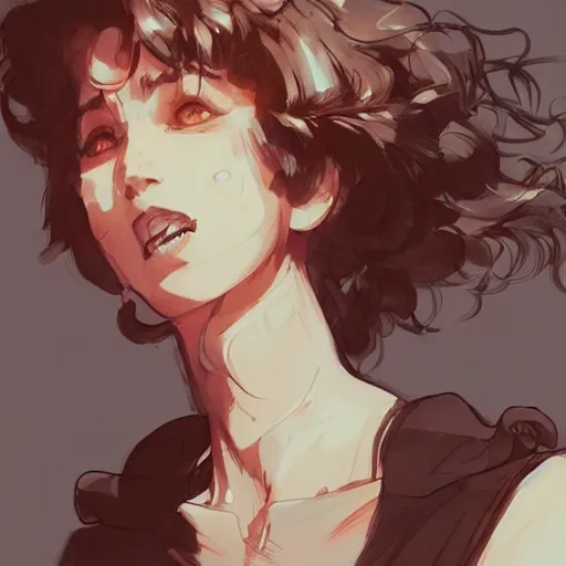 Prompt: a beautiful girl with short curly brown hair in a short ponytail, a pointy chin, happy, smiling , dramatic lighting, illustration by Rossdraws, yoji shinkawa, 4k, digital art, concept art, trending on artstation