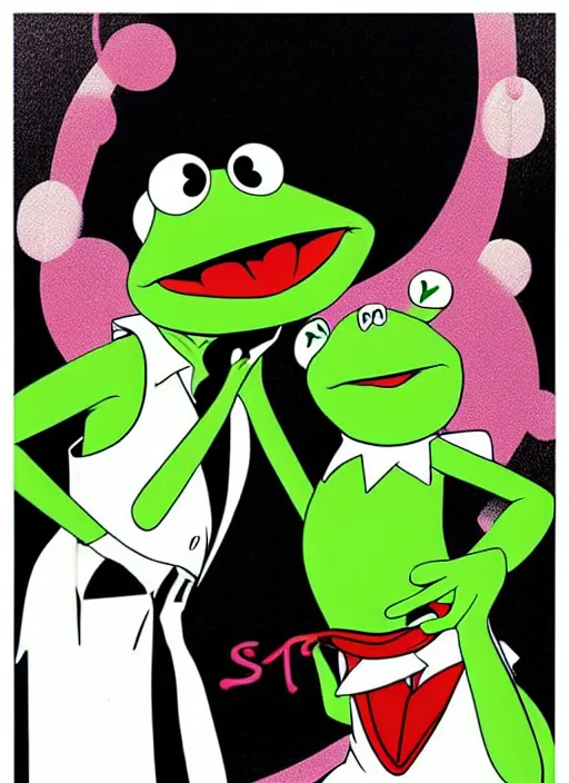 Prompt: poster artwork by Michael Whelan and Tomer Hanuka of Kermit the Frog and Miss Piggy doing the twist dance scene from the movie Pulp Fiction, pop art poster, black and white realistic photo, poster artwork by Michael Whelan and Tomer Hanuka