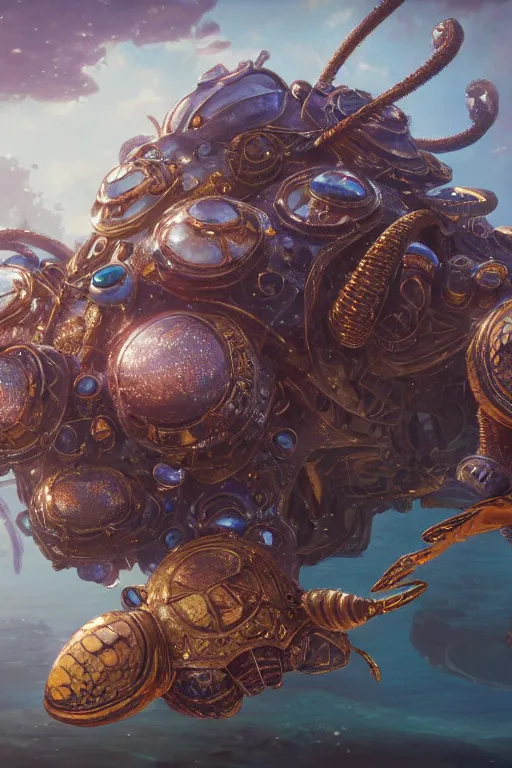 Prompt: beautiful painting of a caretta caretta wearing an armour of jewels and giant golden beetles in ocean coral reef, intricate details, realistic shaded , steampunk, highly detailed, artstation, illustration by Greg Rutkowski and Ruan Jia , octane render, dynamic light, volumetric light, neon lights, cinematic mood