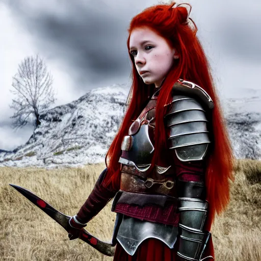 Prompt: north teenage girl, warrior, red hair, fantasy, high detailed, photography, cloudy, lightweight armor, Scandinavia, plain, Authentic