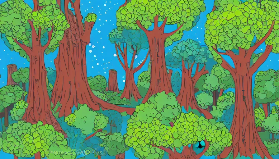 Image similar to forest filled with ruins, giant trees, tiny rocket, colorful, vector style drawing