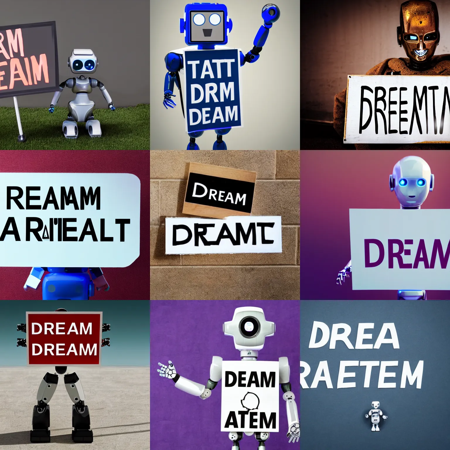 Image similar to artificial intelligence robot holding a sign with text that reads : dream