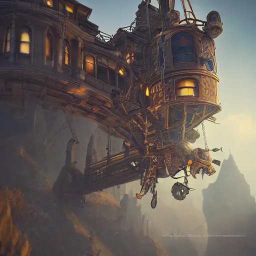 Image similar to a flying steampunk fortress, extremely detailed, behrens style, unreal 5 render, fantasy digital art, octane render, beautiful composition, trending on artstation, award - winning photograph, masterpiece