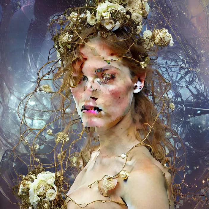 Image similar to hyperrealist portrait of a 2 0 4 4 space sport engineer, it is decorated with long gold wires and white roses that fall like vines and wears a huge computer crown. by jeremy mann and alphonse mucha, fantasy art, photo realistic, dynamic lighting, artstation, poster, volumetric lighting, dramatic light, very detailed faces, 8 k, award winning