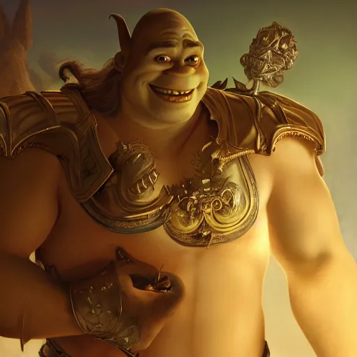 Prompt: shrek bare chested as a glorious devout shining powerful epic amazing awesome very handsome attractive muscular stylish knight in shining golden armor riding donkey, fantasy art, highly detailed, photorealistic, octane render, 8 k, unreal engine, art by artgerm and greg rutkowski and alphonse mucha