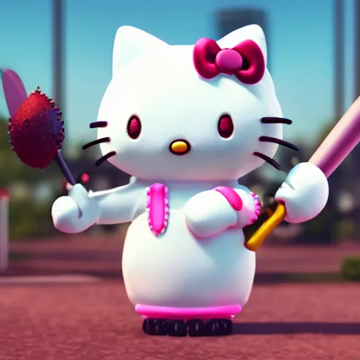 prompthunt: evil hello kitty holding a spiky baseball bat, 3d render, sanrio,  parody, behance, HD render, unity, cinematic Trending on artstation.