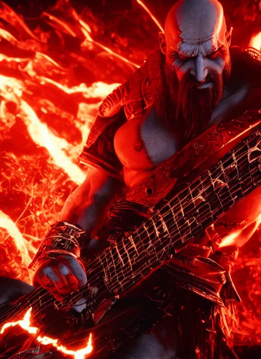 Image similar to red left eye paint stripe armored screaming kratos rocking out on a flaming stratocaster guitar, cinematic render, god of war 2 0 1 8, playstation studios official media, lightning, flames, clear, coherent