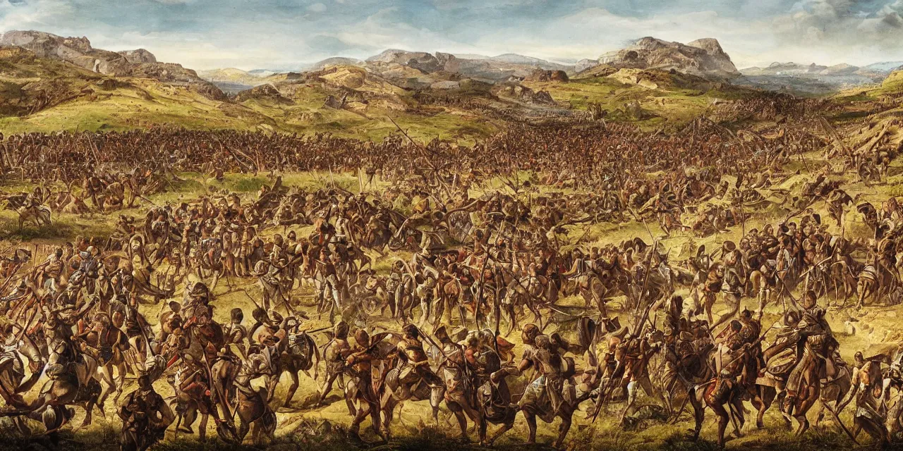 Prompt: Wide shot of epic Italian landscape near river Aufidus, distant battle of Cannae 216 BCE, with republic-era Roman soldiers in formations, Carthaginian phalanxes in formations, sharp focus, illustration, by Stéphane Bourez, László Szabados