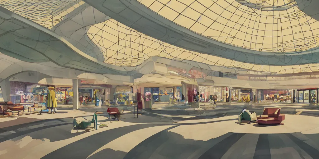 Prompt: a beautiful illustration of futuristic mall, lots of furniture, sofa, waiting room, big medium small, sacred geometry, golden ratio, in watercolor gouache detailed paintings, in style of syd mead, trending on artstation, 8 k, panel, hard surface, wallpaper, zaha hadid, scattered props, plant, cozy, decoration, simon stalenhag, wes anderson