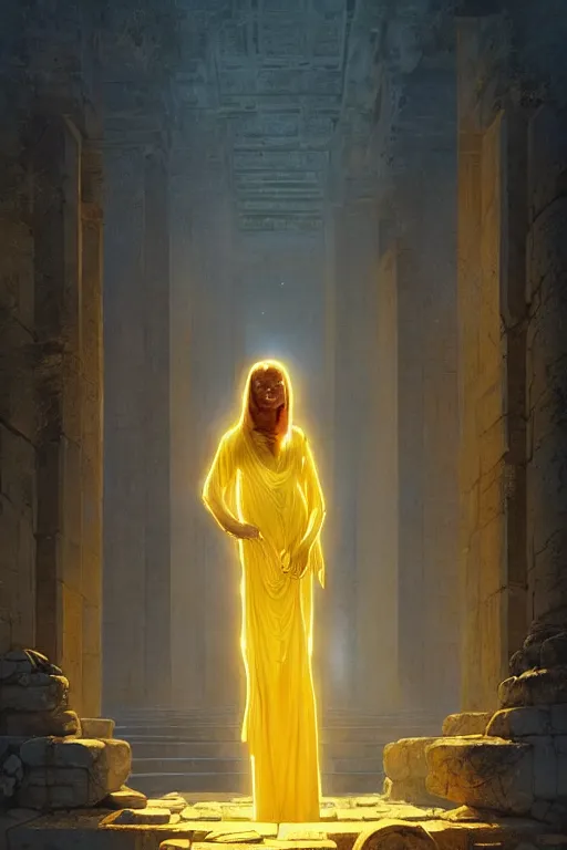 Prompt: possessed woman wearing an ancient greek tunic made of yellow paper, stephen bliss, unreal engine, fantasy art by greg rutkowski, rhads, ferdinand knab, makoto shinkai and lois van baarle, ilya kuvshinov, rossdraws, tom bagshaw, global illumination, radiant light, ancient greek temple ruins