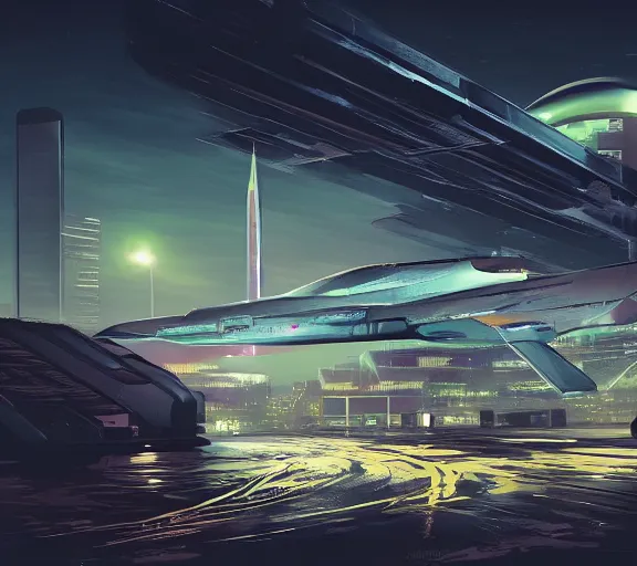 Image similar to futuristic sci fi jet lands at runway of cyberpunk city, night photo ,dark cinematic lighting , digital concept art