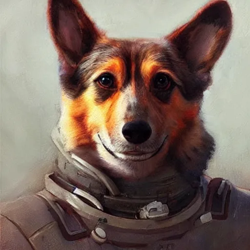 Prompt: a realistic portrait of the soviet space dog, artwork by gaston bussiere, craig mullins, trending on artstation, corgi small hat