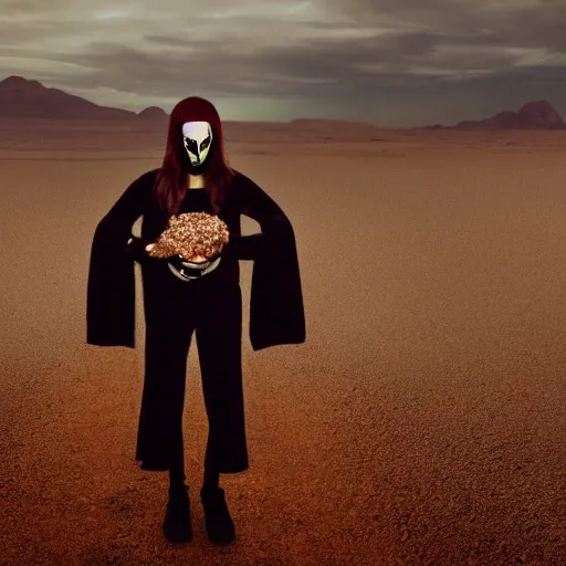 Image similar to full body shot of a pale woman in arocky desert landscape, wearing a full face occult golden mask, jewels above her head, dry rocks desert background, smoke around her, glowing eyes, award winning photography, 8k, in the style of Darren Arnofsky, David Lynch and Alejandro Jodorowsky, Gaspar Noe