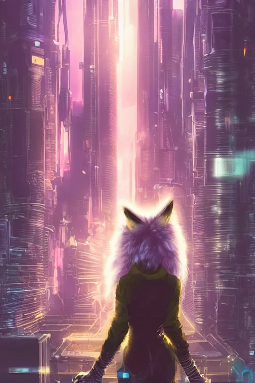 Image similar to a cyberpunk anthropomorphic fox with a fluffy tail staring over a futuristic city from the top of a roof, comic art, trending on furaffinity, cyberpunk, backlighting, cartoon