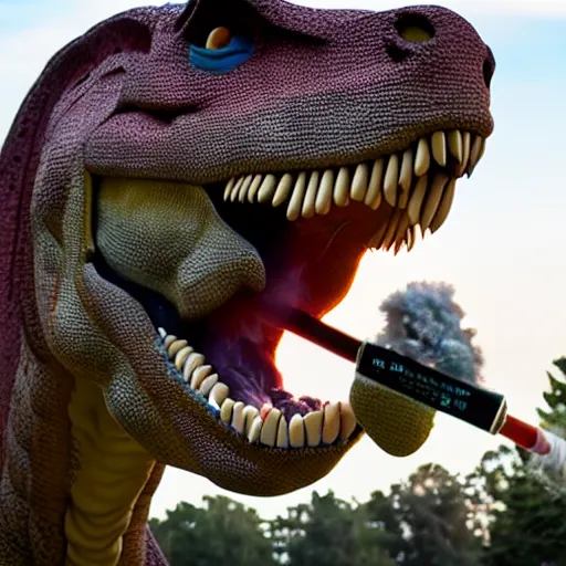 Image similar to dinosaur smoking a cigarette and blowing smoke realistic 8 k hdr 3 5 mm