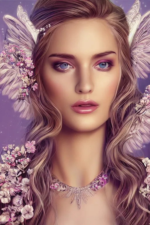 Image similar to beautiful blonde young woman's face, magical, angelic wings, flowers, intricate, synth-wave, retrowave, highly-detailed, elegant, dramatic lighting, gorgeous face, lifelike, photorealistic face, long luxurious intricate gown, digital painting, artstation, illustration, concept art, smooth, sharp focus, art by Craig Russel, Barry Smith, artgerm, and Albert Aublet and Krenz Cushart and Artem Demura and Alphonse Mucha