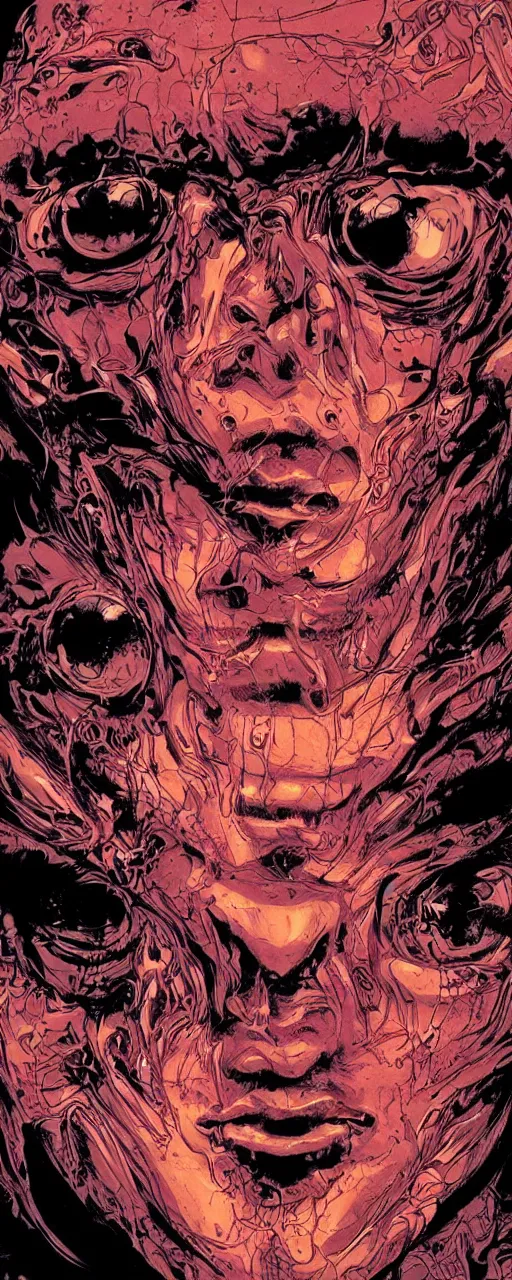 Image similar to closeup of face melting in agony, inside dark oil, frontal picture, by masamune shirow, josan gonzales and dan mumford