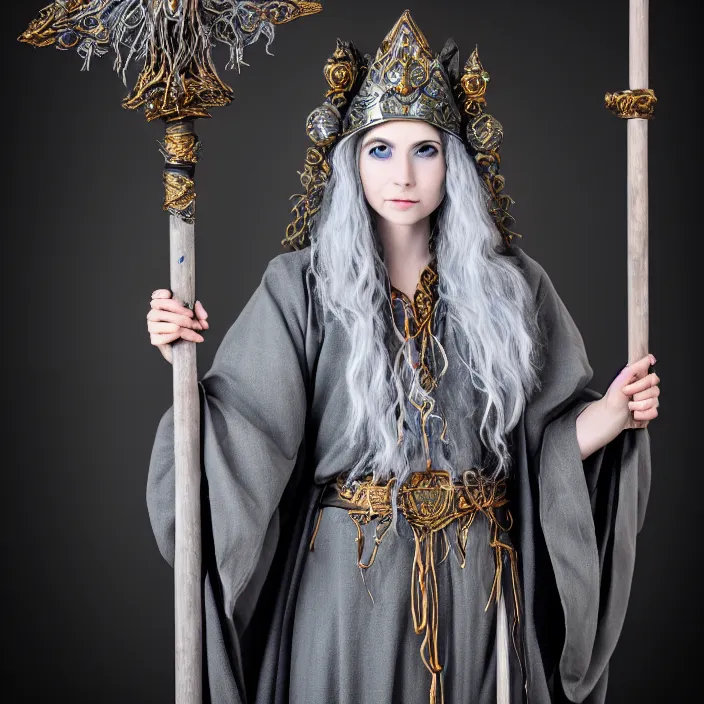 Image similar to professional photograph of a real - life beautiful elemental lunar witch with ornate grey robes and staff. extremely detailed. 8 k