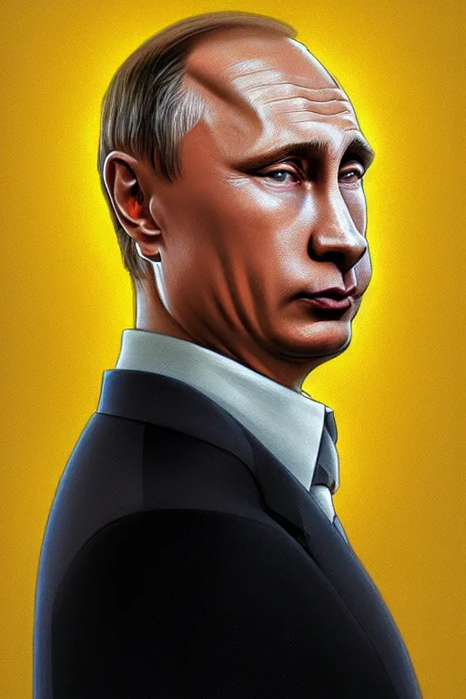 Prompt: vladimir putin as a yellow funny homer simpson, realistic portrait, symmetrical, highly detailed, digital painting, artstation, concept art, smooth, sharp focus, illustration, cinematic lighting, art by artgerm and greg rutkowski and alphonse mucha