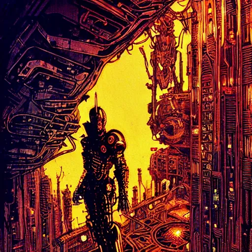 Prompt: cyberpunk knight, atmospheric lighting, painted, intricate, golden hour, ultra detailed by philippe druillet