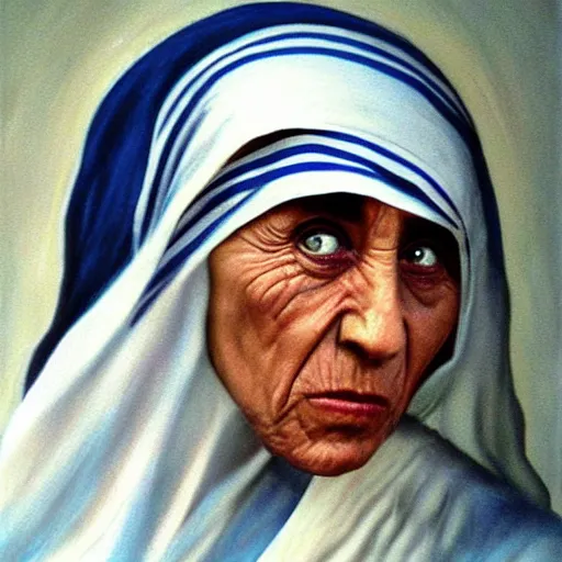 Image similar to nic cage as mother teresa, buff, painted portrait, highly detailed,