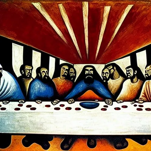 Image similar to the last supper painted by David Alfaro Siqueiros detailed, hyper-detailed, very realistic