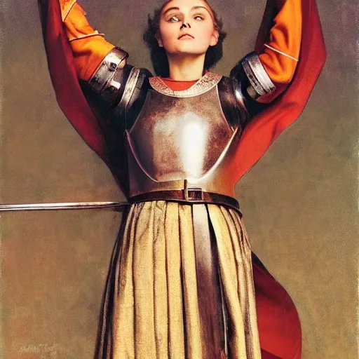 Prompt: portrait of annasophia as joan of arc, medieval armour, norman rockwell style