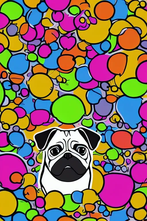 Image similar to Portrait of a pug as big as the world, sticker, colorful, illustration, highly detailed, simple, smooth and clean vector curves, no jagged lines, vector art, smooth