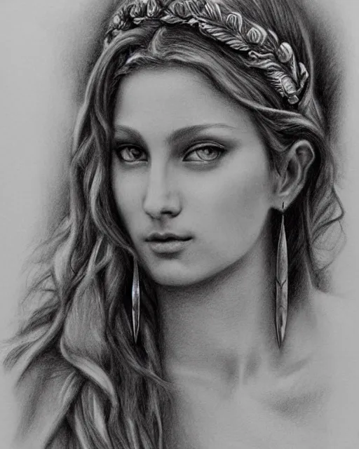 Image similar to long shot realism pencil drawing of the beautiful greek goddess aphrodite wearing a laurel wreath and arrowhead earrings, beautiful confident eyes, beautiful flowing hair, white god eyes, hyper realistic face, in the style of greg rutkowski, fantasy, amazing detail, epic, elegant, smooth, sharp focus, from the front