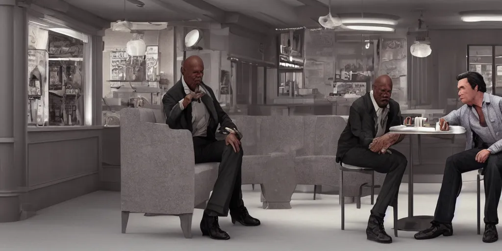 Image similar to highly detailed full - body samuel l jackson and john travolta posing in cafe, perfect symmetrical eyes, by eddie mendoza and tyler edlin, 8 k resolution