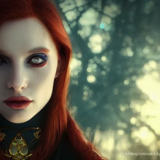 Prompt: redhead vampire sorceress, perfect face viewed in profile, bright glowing blue and silver eyes, gold shirt, cinematic, floating ash, stunning, highly detailed, artstation, smooth, hard focus, concept art, art by artgerm and greg rutkowski and alphonse mucha, volumetric lighting, octane render, 4 k resolution, trending on artstation, masterpiece