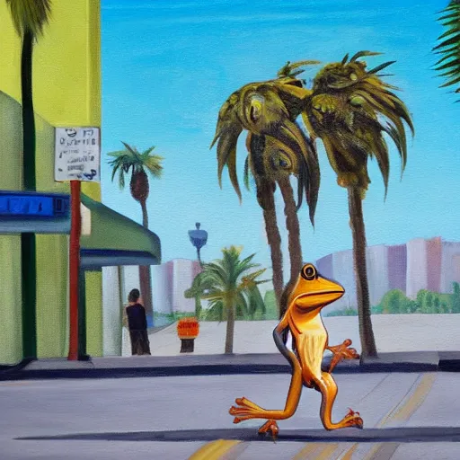 Image similar to painting of a bipedal frog walking away from the camera, down a busy street in los angeles, street vendors, palm trees,