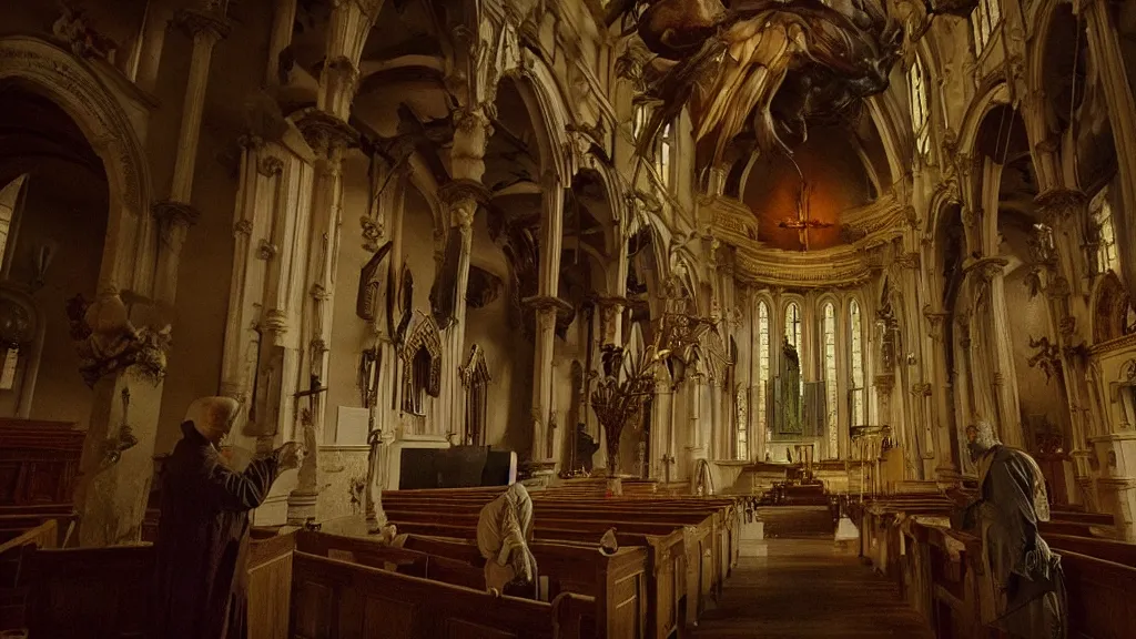 Image similar to the strange creature in church, made of wax and water, film still from the movie directed by Denis Villeneuve with art direction by Salvador Dalí, middle balanced, wide lens