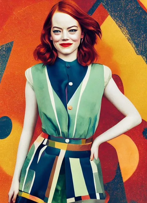 Image similar to beautiful Emma Stone wearing a vintage Raypunk outfit, accurate anatomy, abstract sun in background, shiny soft skin, soft lighting, sharp details, warm colors, full body portrait, 35 mm film, subsurface scattering, lens flare