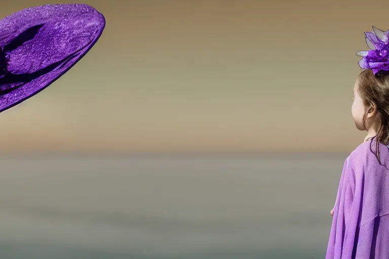 Image similar to A creature 5 meters tall, in a violet chiffon layered robe, in a fancy hat and a little girl look into the distance on the seashore highly detailed, high quality, HD, 4k, 8k, Canon 300mm, professional photographer, 40mp, lifelike, top-rated, award winning, realistic, sharp, no blur, edited, corrected, trending