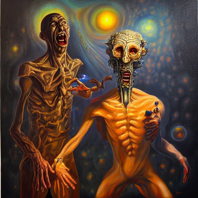 Image similar to an oil on canvas portrait painting of a man meeting a demon, polycount, surrealism, surrealist, cosmic horror, high detail