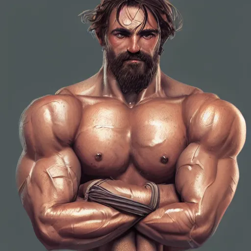 Image similar to portrait of a rugged ranger, muscular, upper body, hairy torso, detailed detailed detailed hands hands hands hands, D&D, fantasy, bare bare bare bare thighs thighs thighs intricate, elegant, highly detailed, digital painting, artstation, concept art, smooth, sharp focus, illustration, art by wlop