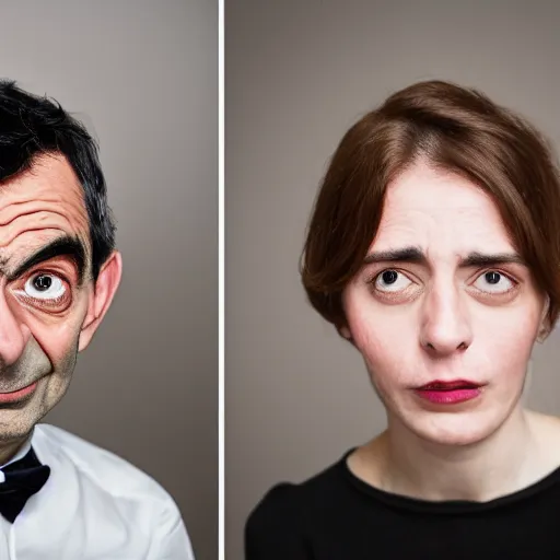 Image similar to A portrait mr bean elizabeth teams up with a teenage mr bean, perfect faces, 50 mm, award winning photography