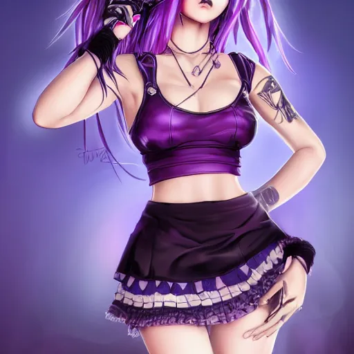 Prompt: evanescence kerli koiv anime goth girl with purple hair in mini skirt and crop top intricate, extremely detailed, artstation, 8 k, sensual lighting, incredible art, wlop, artgerm