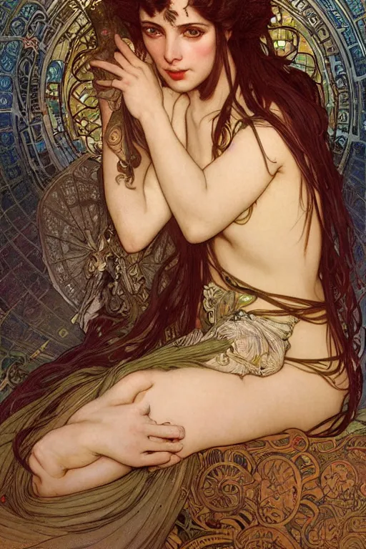 Prompt: realistic detailed portrait of young Oona Chaplin as Salome by Alphonse Mucha, Ayami Kojima, Amano, Charlie Bowater, Karol Bak, Greg Hildebrandt, Jean Delville, and Mark Brooks, Art Nouveau, Neo-Gothic, Surrealism, gothic, rich deep moody colors, winning award masterpiece, dynamic poses